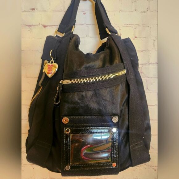 Vintage Pristine 1990s Juicy Couture Large Black Leather/Nylon Tote Bag w/Charm - Picture 1 of 8